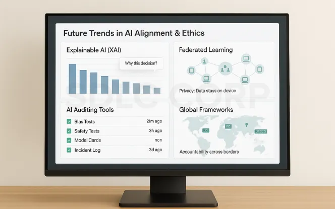 Desktop monitor on a light background showing a future-focused AI ethics dashboard with explainable AI charts, federated learning privacy map, auditing/compliance tools, and global governance frameworks.