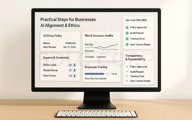 Desktop monitor on a light background showing a business dashboard for AI ethics with policy status, bias and accuracy audits, ownership roles, employee training progress, and transparency tools, plus a go-live compliance checklist.