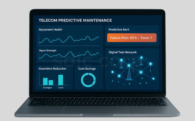 A laptop screen shows a telecom predictive maintenance dashboard with failure risk alerts, performance graphs, cost savings, and a digital twin network visualization.
