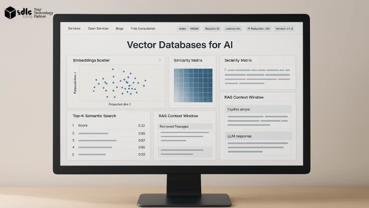 Desktop monitor on a light background showing a vector database dashboard with embeddings, similarity search, and RAG feeding an LLM, plus navigation to services, blogs, and consultation.