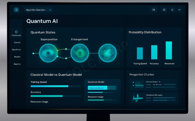 Quantum AI dashboard showing qubits in superposition, entanglement links, and performance comparison between classical and quantum models