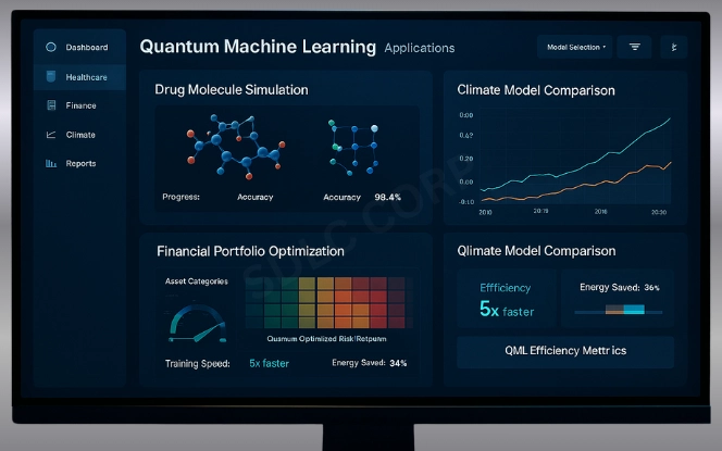 Quantum machine learning dashboard showing drug molecule simulation, financial portfolio heatmap, and climate model graph with real metrics