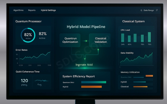 Hybrid quantum-classical dashboard with qubit usage, error rates, CPU load, and integration pipeline flow connecting quantum and classical systems