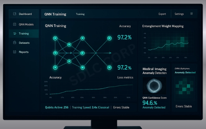 Quantum neural network dashboard with network diagram, accuracy curve, loss metrics, entanglement weight mapping, and medical imaging anomaly detection