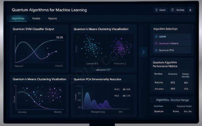 Quantum algorithms dashboard with QSVM classifier scatter plot, k-Means clustering visualization, PCA dimensionality chart, and performance metrics