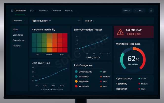 Quantum AI risk dashboard with hardware instability heatmap, error correction tracker, cost-over-time graph, workforce readiness gauge, and talent gap warning