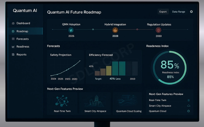 Quantum AI roadmap dashboard with milestones for QNN adoption, hybrid integration, regulation updates, forecast charts, and readiness index gauge at 85%