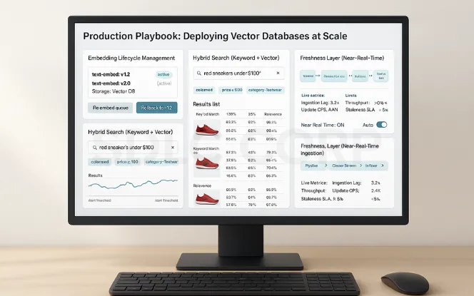 Desktop monitor on a light background showing a production vector database dashboard with embedding versioning and drift monitoring, hybrid keyword+vector search for ‘red sneakers under $100,’ and a near-real-time queue-based ingestion pipeline with live metrics