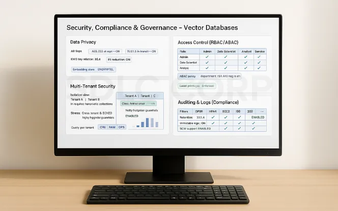 Desktop monitor on a light background showing a vector database security dashboard with encryption status, multi-tenant isolation, RBAC/ABAC access control, and audit logs filtered for GDPR and HIPAA compliance.
