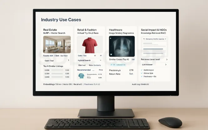 Desktop monitor on a light background showing an ‘Industry Use Cases’ dashboard: NeRF + vector search for real estate, virtual try-on and hybrid search for retail, image similarity diagnostics for healthcare, and RAG knowledge retrieval for social impact