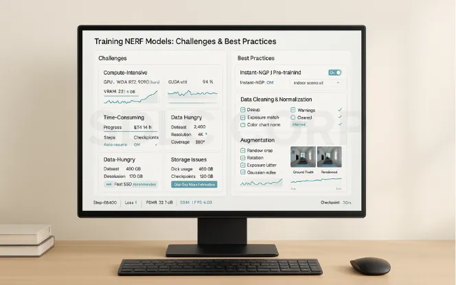Desktop monitor on a light background showing a NeRF training dashboard with GPU load and VRAM, long training ETA, large dataset and storage usage, plus best-practice controls like Instant-NGP, data normalization, augmentation, and benchmarking against ground-truth with PSNR/SSIM/LPIPS.