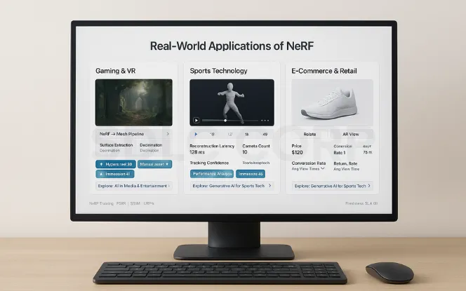 Desktop monitor on a light background showing a ‘Real-World Applications of NeRF’ dashboard: Gaming/VR asset pipeline, Sports 3D replay analytics, and Retail 3D product/AR viewer with business metrics