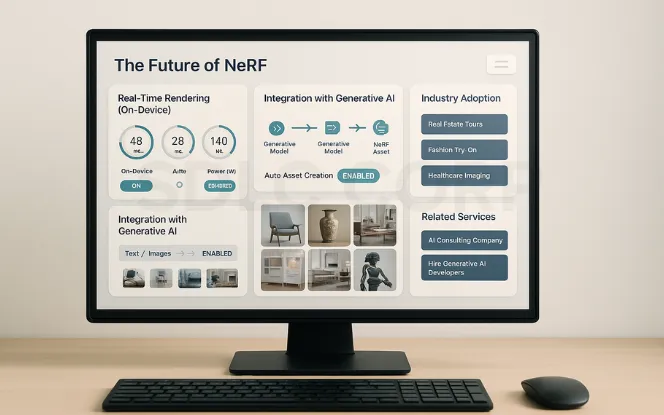 Desktop monitor on a light background showing a ‘Future of NeRF’ dashboard with on-device real-time rendering metrics, a generative-AI→NeRF asset pipeline, and adoption tiles for real estate, fashion, healthcare, and robotics, plus links to AI consulting and hiring generative AI developers