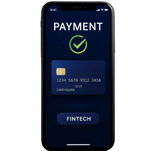 Phone screen showing successful payment with a green check mark and card.