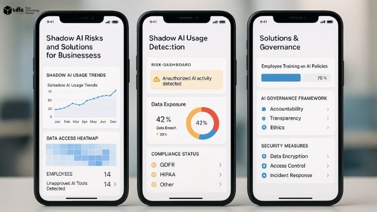 Three smartphones displaying AI dashboards with usage trends, compliance alerts, and data flow tracking, illustrating Shadow AI risks and solutions for businesses.