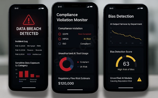 Three smartphones showing AI dashboards with data breach alerts, compliance violations, and bias detection risks for businesses.