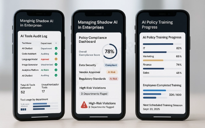 Three smartphones with dashboards: AI tools audit log, policy compliance tracker, and employee training progress in a clean corporate UI.