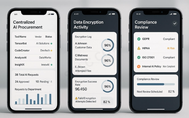 Three smartphones showing dashboards for centralized procurement approvals, data encryption logs, and compliance review strategies.