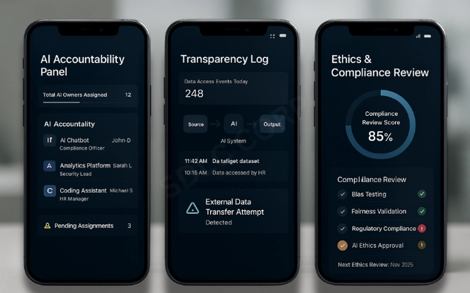 Three smartphones showing AI governance dashboards: accountability panel, transparency log, and ethics compliance checklist.