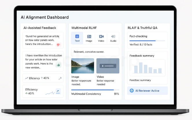 Laptop screen showing an AI Alignment Dashboard with AI-assisted feedback, multimodal RLHF including text, image, video, and audio, and RLAIF with fact-checking and feedback summary.