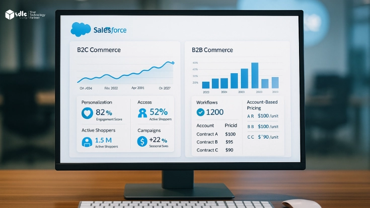 Salesforce B2C vs B2B Commerce Cloud dashboard comparison showing consumer transactions, personalization metrics, bulk orders, and contract-based pricing.