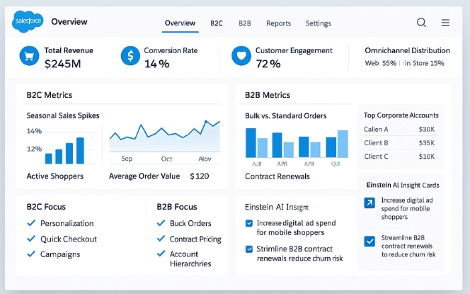 Salesforce Commerce Cloud overview dashboard with KPIs for revenue, conversions, omnichannel sales, and AI insights.