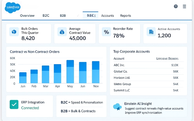 Salesforce B2C Commerce Cloud dashboard showing personalization scores, seasonal sales spikes, checkout funnel, and loyalty program stats.