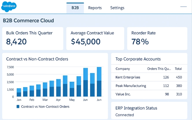 Salesforce B2B Commerce Cloud dashboard with KPIs for bulk orders, contract values, reorder rate, and ERP integration status.