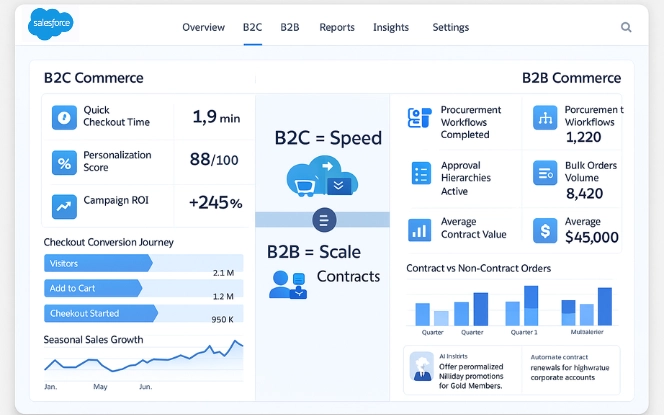 Salesforce dashboard comparing B2C quick checkout, personalization, campaign ROI with B2B bulk orders, approvals, and contract pricing.