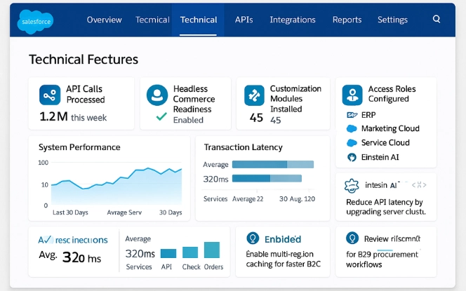Salesforce Commerce Cloud technical dashboard showing API calls, headless commerce readiness, customization modules, and access role configurations.