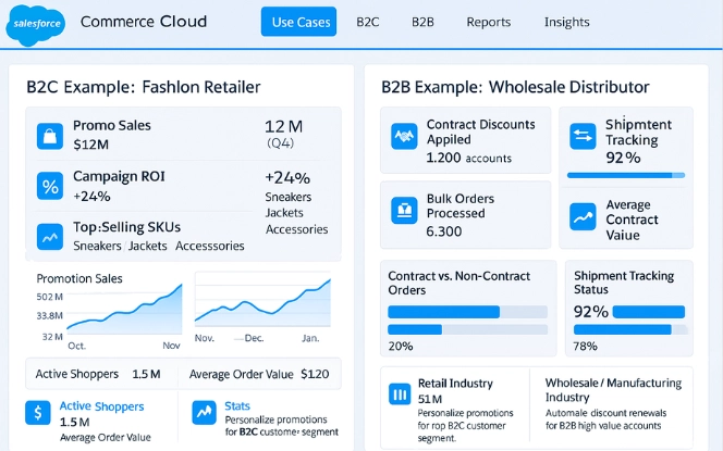 Salesforce Commerce Cloud dashboard showing B2C fashion retailer promo sales and B2B wholesale distributor bulk orders with contract discounts.