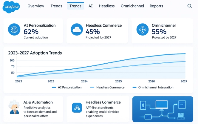Salesforce dashboard showing future trends with AI personalization, headless commerce growth, and omnichannel expansion projections.