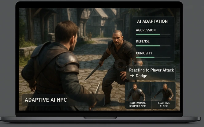 Laptop screen with adaptive NPC reacting to a player attack, showing AI adaptation stats like aggression and defense.
