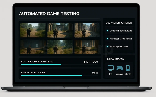 Laptop UI showing automated game testing with multiple playthroughs, bug detection, and performance stats.