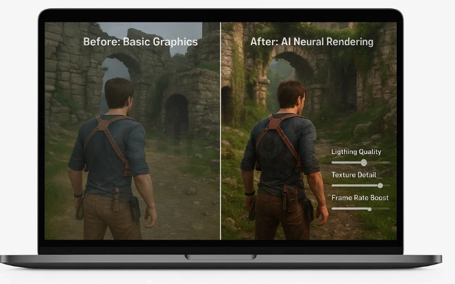 Split-screen laptop view comparing basic graphics to AI neural rendering with enhanced lighting, textures, and animation.