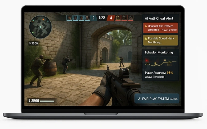 Laptop screen showing AI anti-cheat alerts and behavior monitoring in an online shooting game.