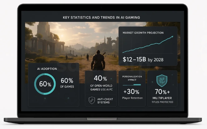 Laptop screen displaying AI adoption, market growth, procedural generation, and anti-cheat usage statistics.