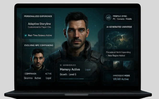 Futuristic laptop UI with evolving NPC companions, AI-generated universes, personalized experiences, and VR/AR integration.
