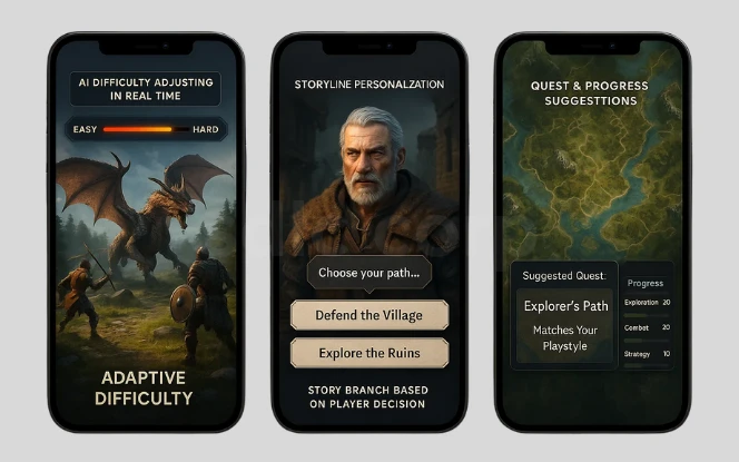 Three mobile game screens showing AI-driven personalization with adaptive difficulty, branching storylines, and quest suggestions based on playstyle.