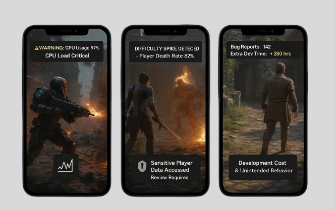Three mobile game screens showing AI challenges including GPU overload, difficulty imbalance with data privacy risk, and high development costs with unintended behavior.