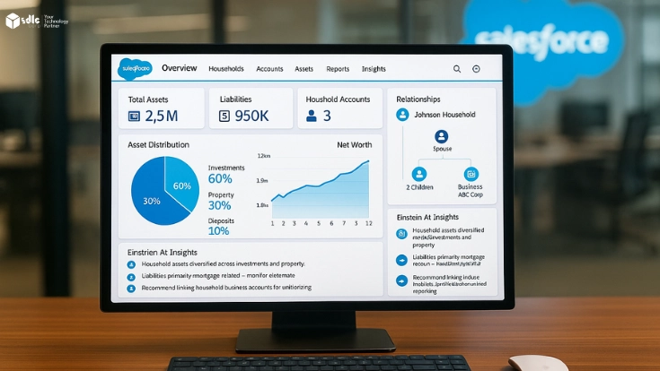 Salesforce Financial Services Cloud dashboard mock-up showing total assets, liabilities, household accounts, relationship links, and Einstein AI financial insights.