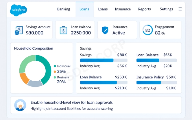 Salesforce dashboard showing savings, loans, insurance panels, household chart, and AI insights for loan approvals.