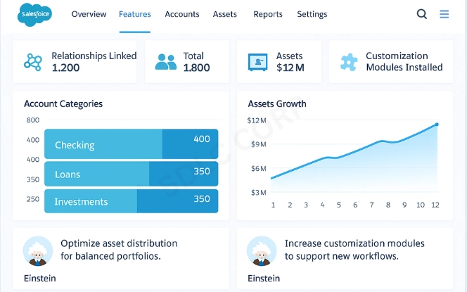 Infographic showing Salesforce FSC data model with vault hub, accounts, households, assets, and interactions