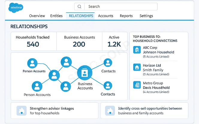 Salesforce relationship-mapping dashboard with person accounts, households, business accounts, and contacts linked through network nodes.