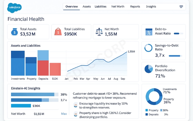 Salesforce dashboard comparing assets, liabilities, and accounts with stacked bar chart, net worth value, and AI insights.