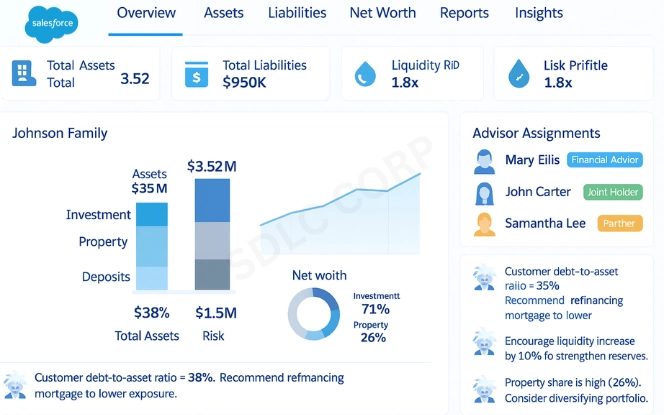 Salesforce relationship hierarchy dashboard showing households, joint accounts, children, and linked business connections.