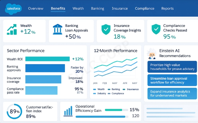 Salesforce AI benefits dashboard showing wealth ROI, faster loan approvals, improved insurance insights, and compliance checks.