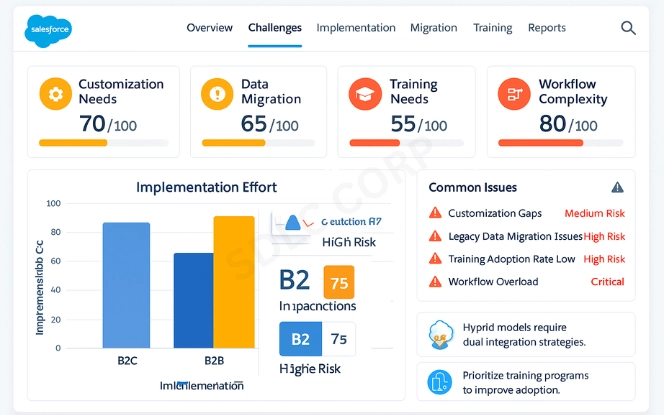 Salesforce challenges dashboard showing customization needs, data migration, training gaps, workflow complexity, and AI insights.