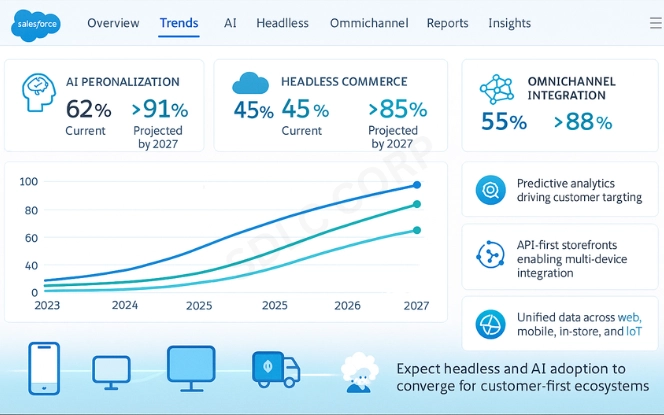 Salesforce future trends dashboard with timeline graph showing AI personalization, headless commerce, and omnichannel integration growth.
