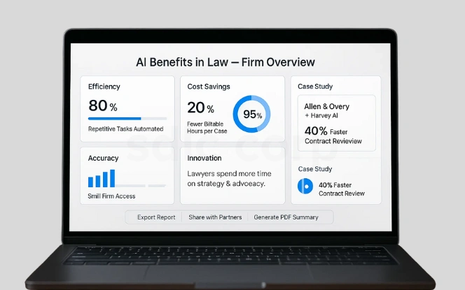 Generative AI improves legal efficiency, cost savings, and accuracy in law firms.